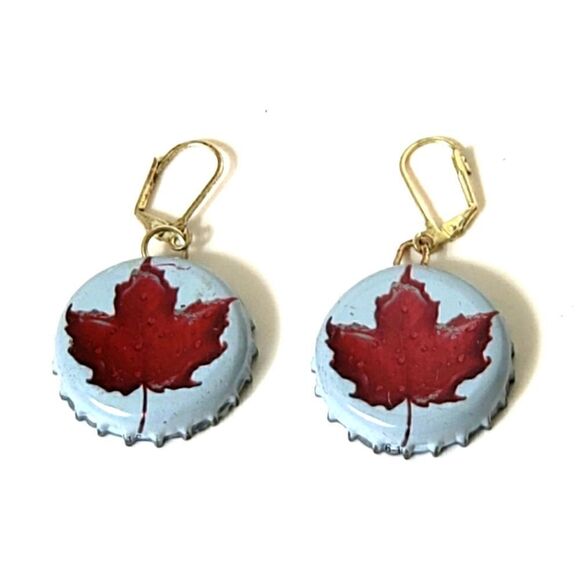 ARTISAN Maple Leaf Bottle Cap Leverback Earrings - Picture 1 of 4